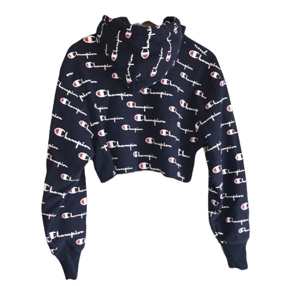 CHAMPION Reverse Weave Cropped Hoodie L/S Logo Spellout in Navy Size Sma… - Picture 4 of 9